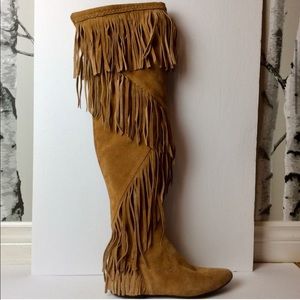 Sam Edelman over the knee tan fringe suede boots.